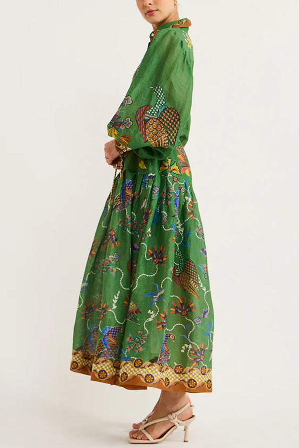 Lily™ - Himmel Vogel Druck Ballonärmel Kleid