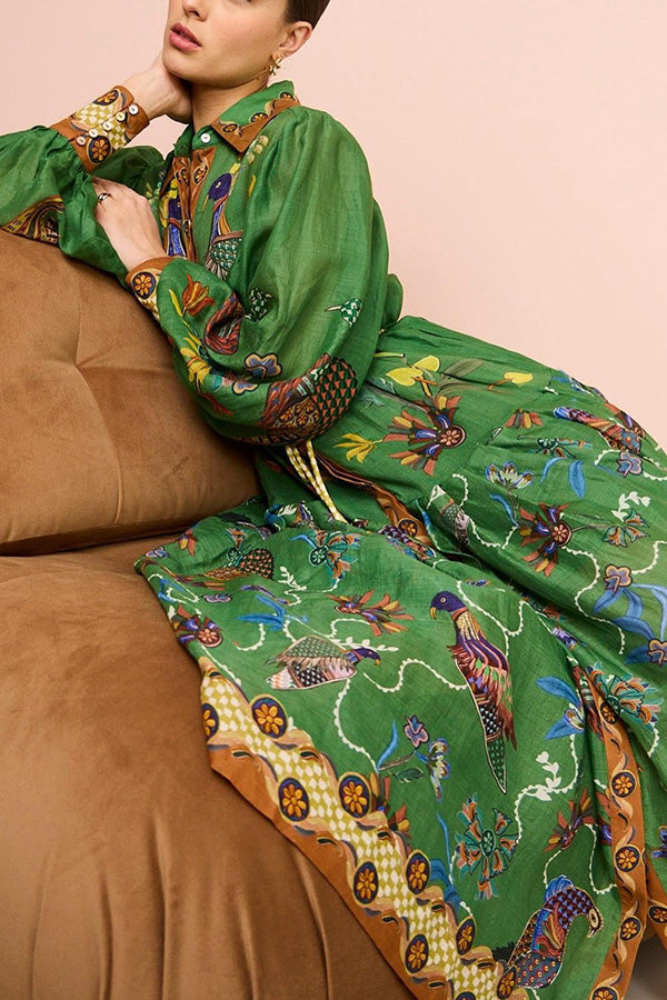 Lily™ - Himmel Vogel Druck Ballonärmel Kleid