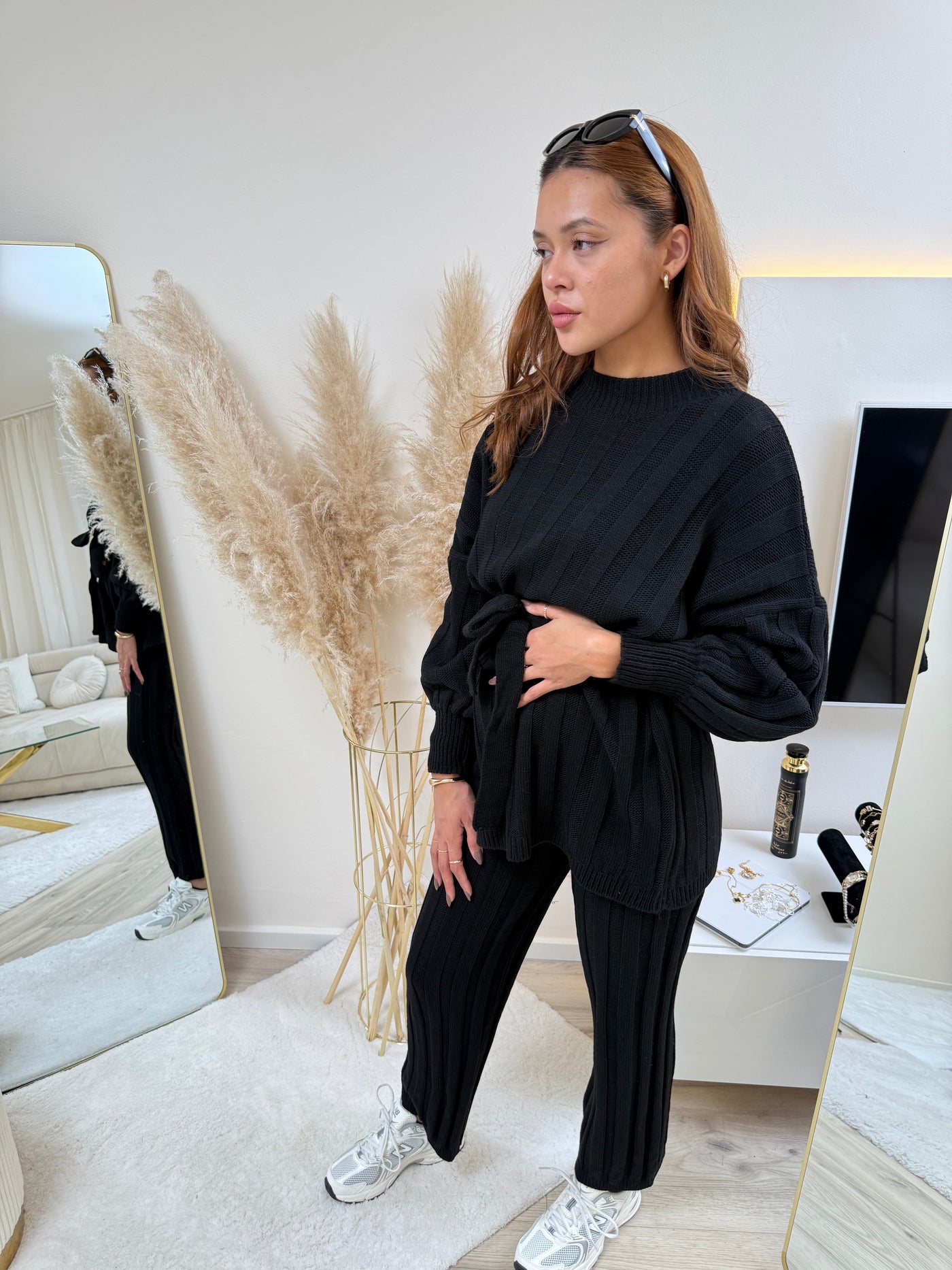 Strick-Set mit Stoffgürtel