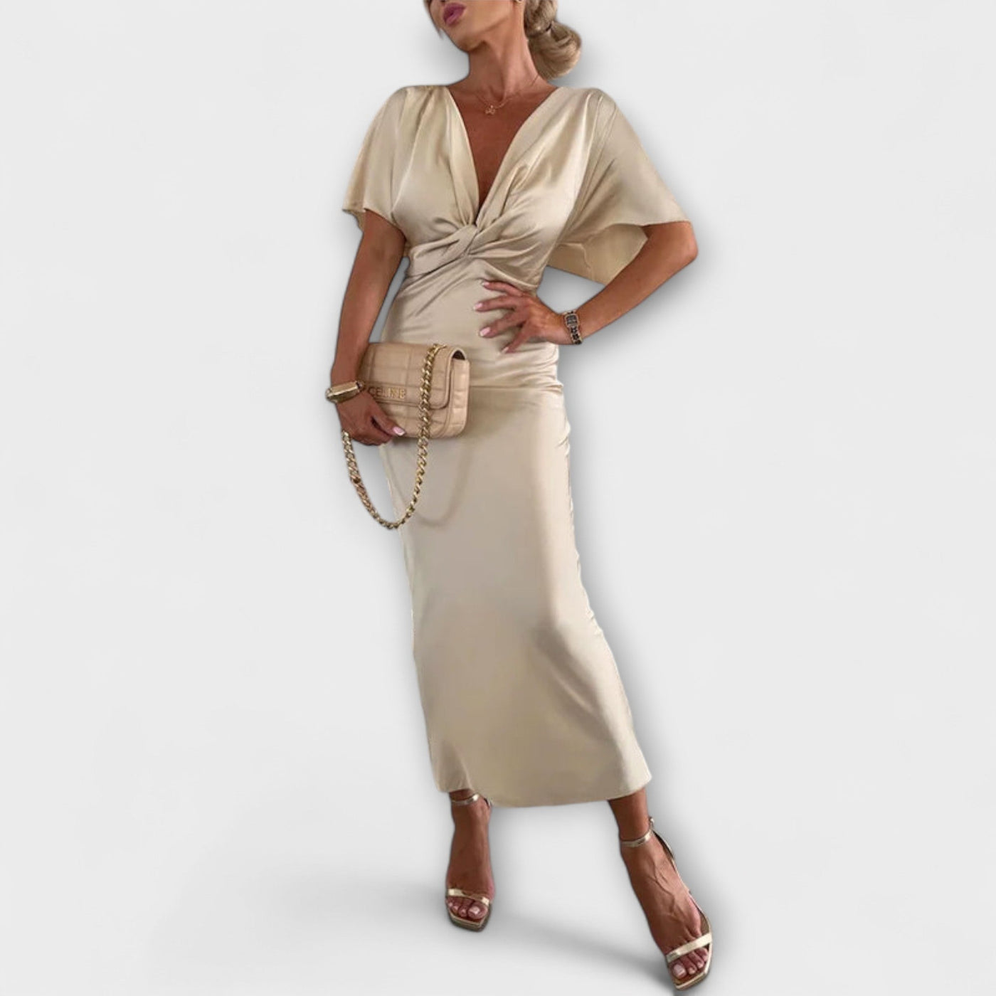 Sable - V-Ausschnitt Maxikleid mit Kreuzknoten und figurbetonter Passform aus hochwertigem Satin