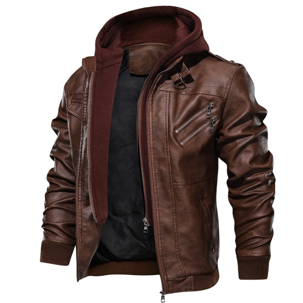 Herren Lederjacke mit abnehmbarer Kapuze und Taschen