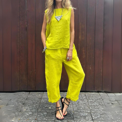 Maike | Ärmelloses Baumwoll-Leinen Hosen-Set