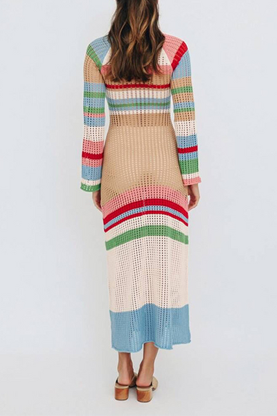 Buntes kontrastreiches langärmeliges Strickkleid für Damen