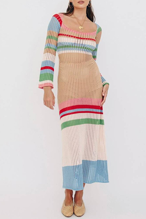 Buntes kontrastreiches langärmeliges Strickkleid für Damen