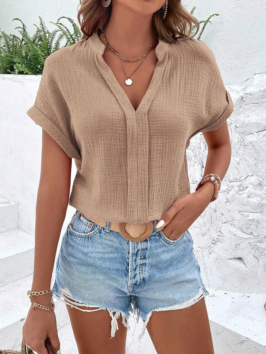 SHEIN LUNE Blusentop mit Fledermausärmeln und Ausschnitt, Kurzarmoberteil