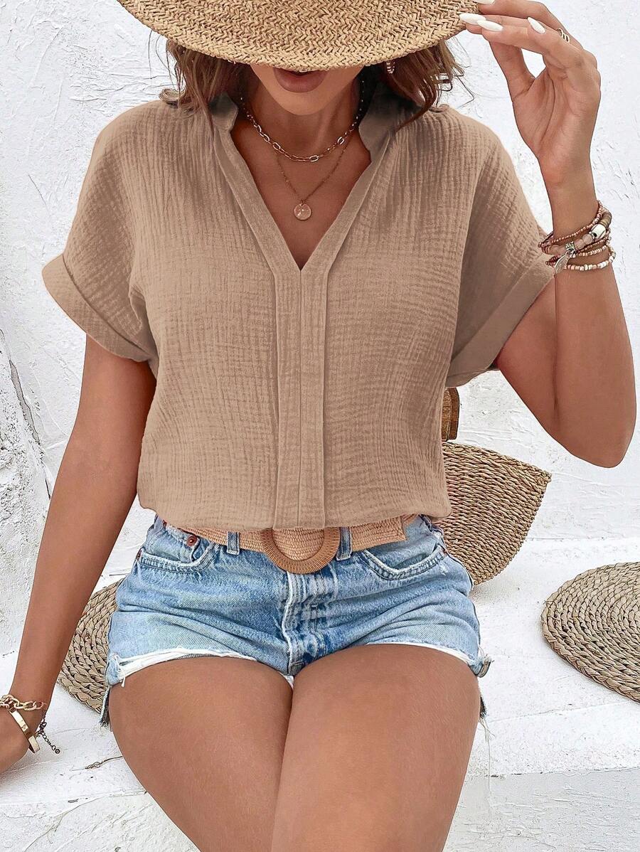 SHEIN LUNE Blusentop mit Fledermausärmeln und Ausschnitt, Kurzarmoberteil