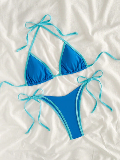 Sexy Triangel-Bikini in Marineblau mit Kontrast-Saum – Minimalistisches 2-teiliges Set zum Schnüren