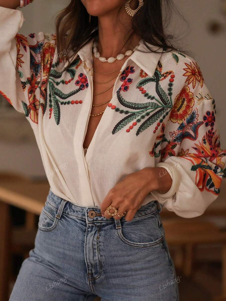 Blumen- und Blattmuster Langarm Damen Knopfhemd