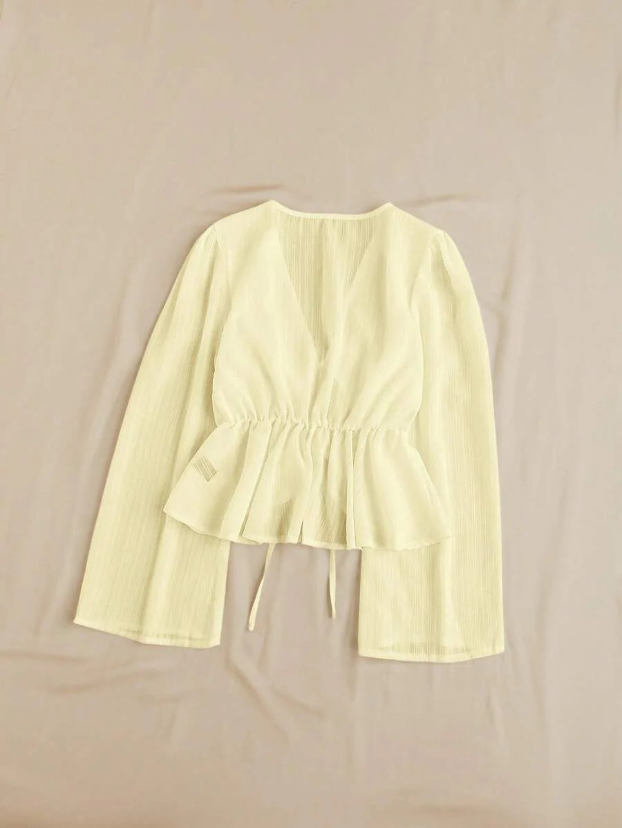 Soleia Urlaubs-Lässig einfarbige Bluse mit V-Ausschnitt, Puffärmeln und weitem Saum