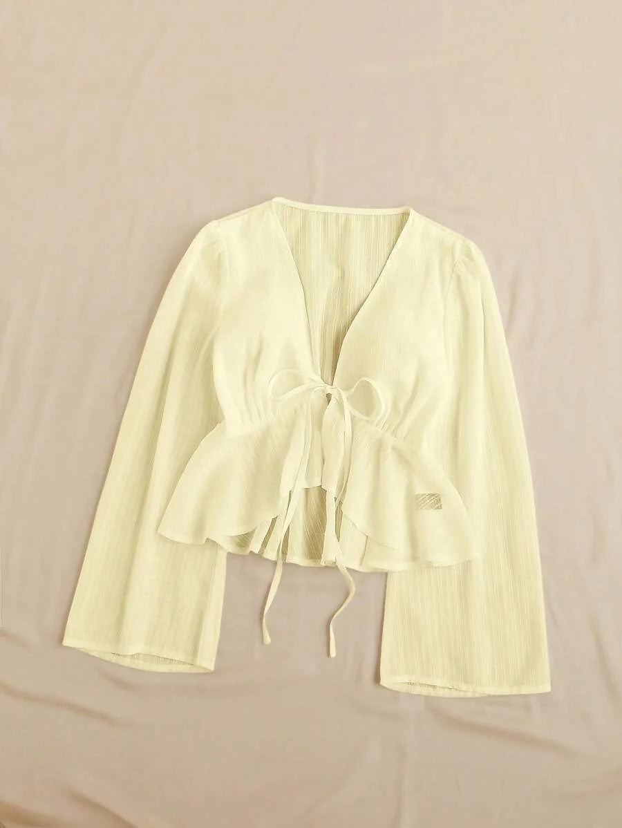 Soleia Urlaubs-Lässig einfarbige Bluse mit V-Ausschnitt, Puffärmeln und weitem Saum