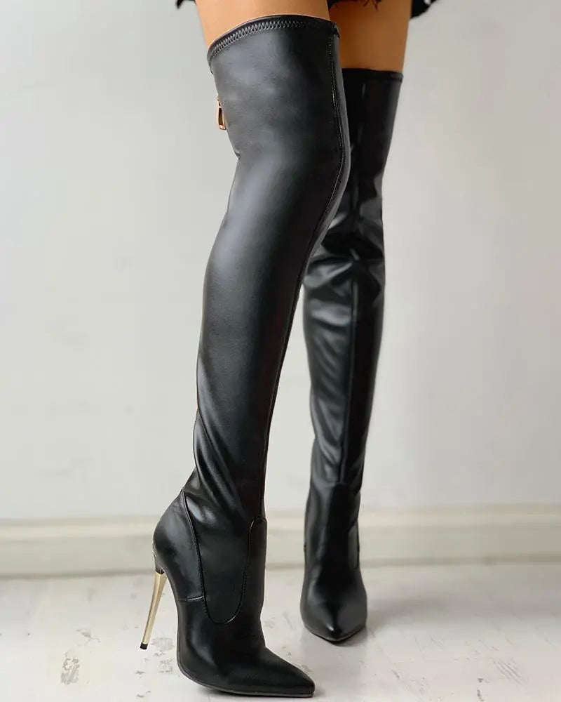 Damen-Overknee-Stiefel aus veganem Leder mit goldener Absatz und Reißverschluss
