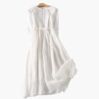 Elegantes langes Kleid für Frauen - Knopfleiste und Bindegürtel