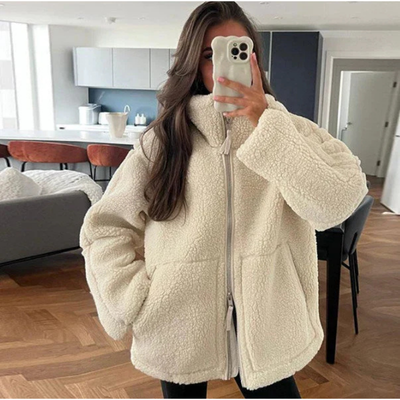 Teddy Damen Winterjacke Mit Reißverschluss | Kuschelige Übergangsjacke