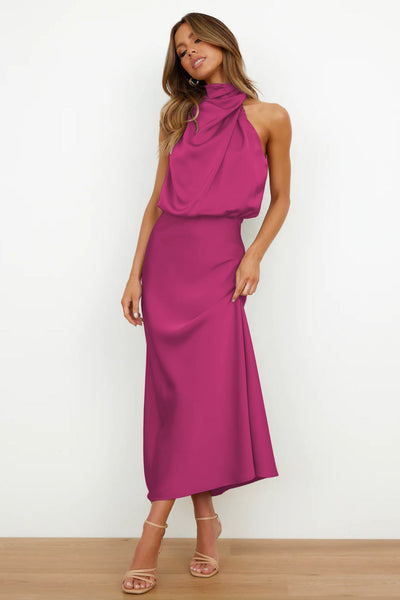 Carlina | Langes Satin-Kleid mit Halterneck-Design