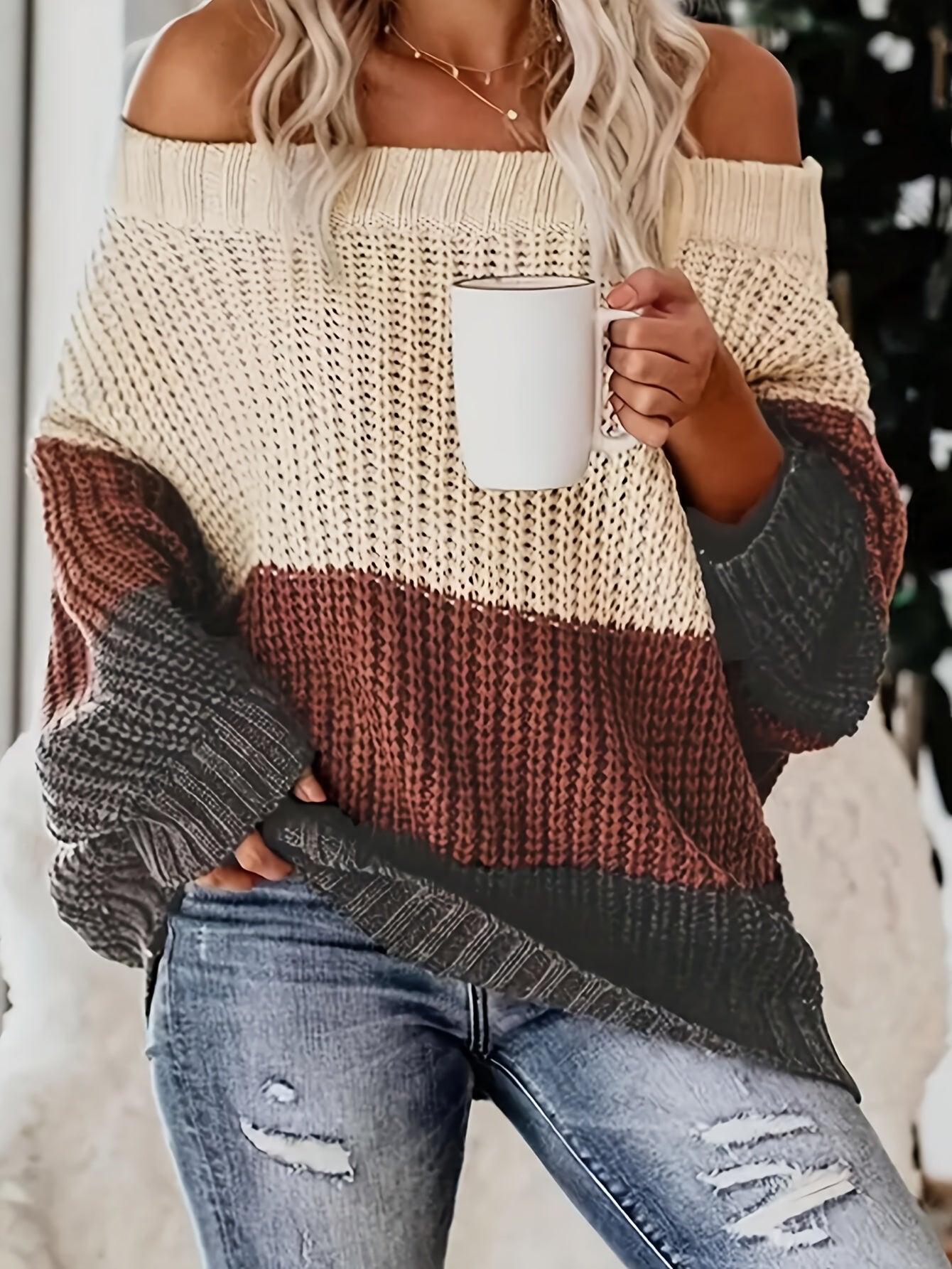 Leila® | Lauren Damen-Pullover aus Baumwolle mit lockerer Passform und kalter Schulter – ideal für den Herbst