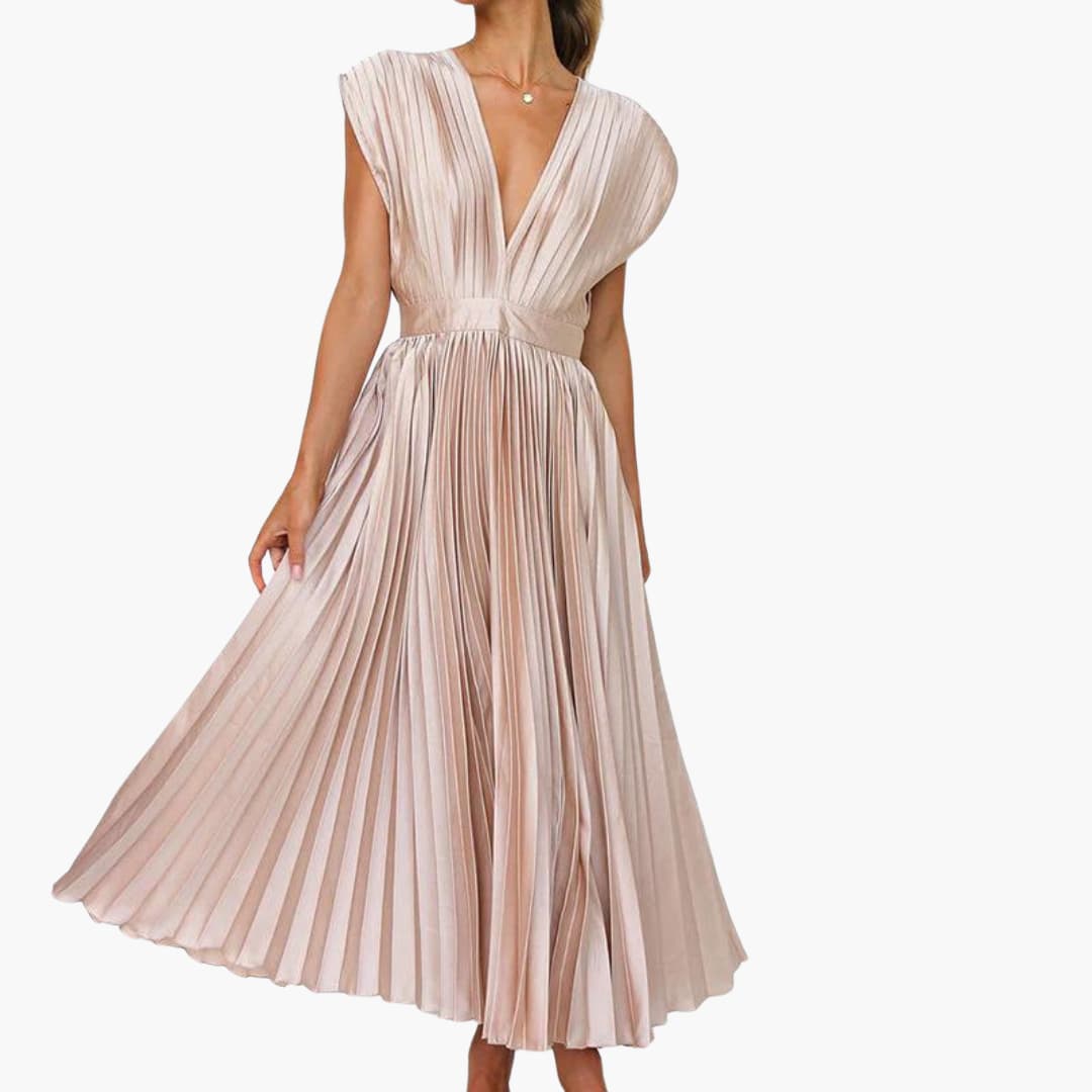 V-Ausschnitt Midi Abendkleid für Frauen - Elegante Faltenoptik