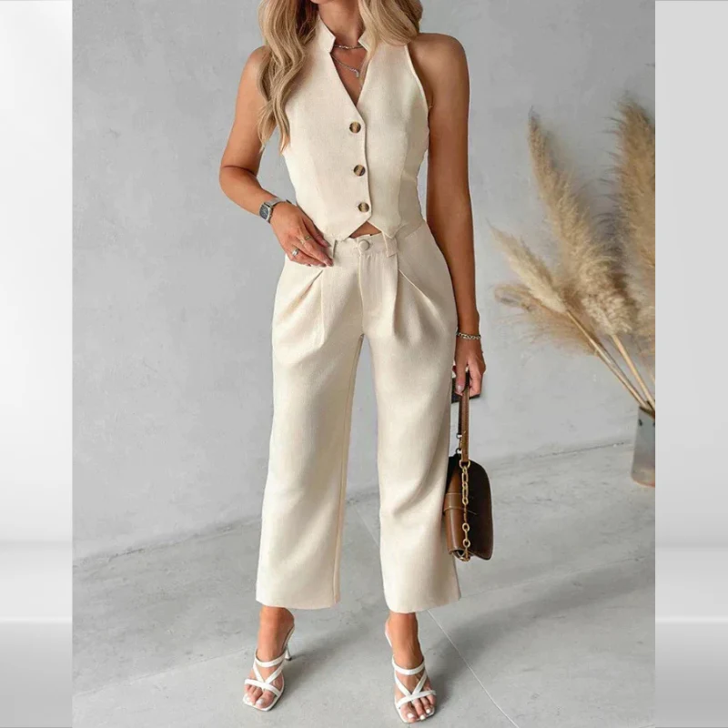 Levita - Beigefarbenes zweiteiliges Büro-Set mit ärmellosem Oberteil und Hose