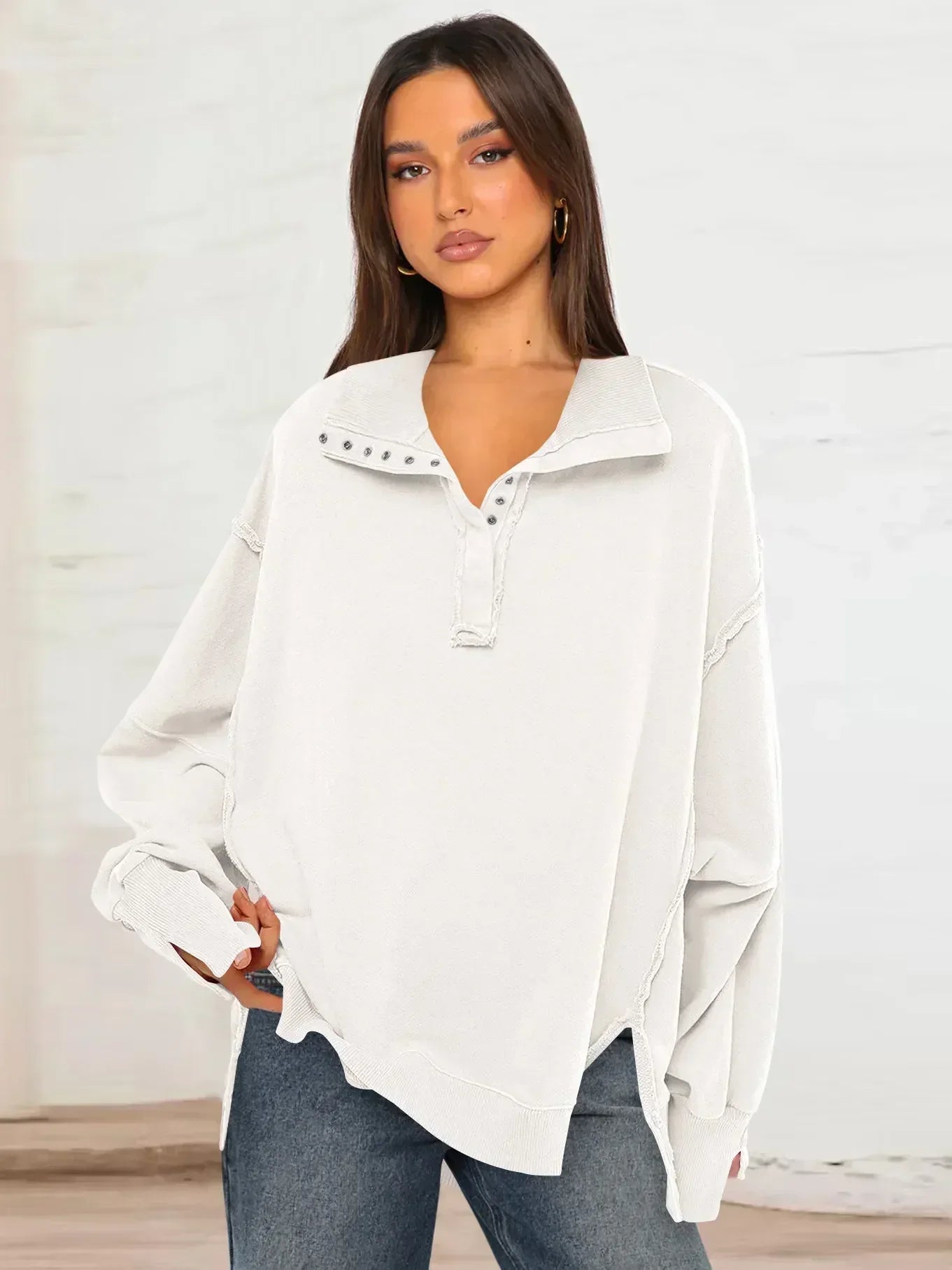 Kinsley® | Lässiges Sweatshirt mit Reverskragen, Knopfleiste und Puffärmeln