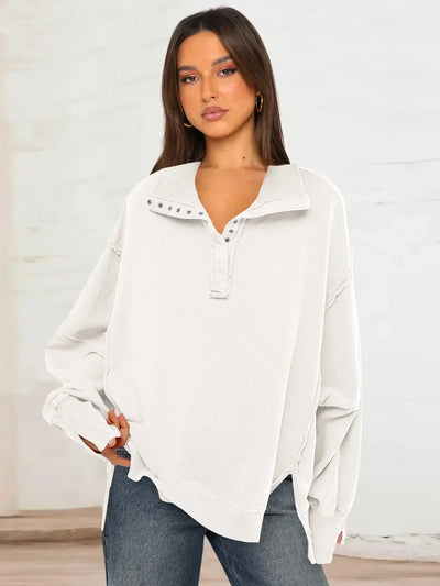 Kinsley® | Lässiges Sweatshirt mit Reverskragen, Knopfleiste und Puffärmeln
