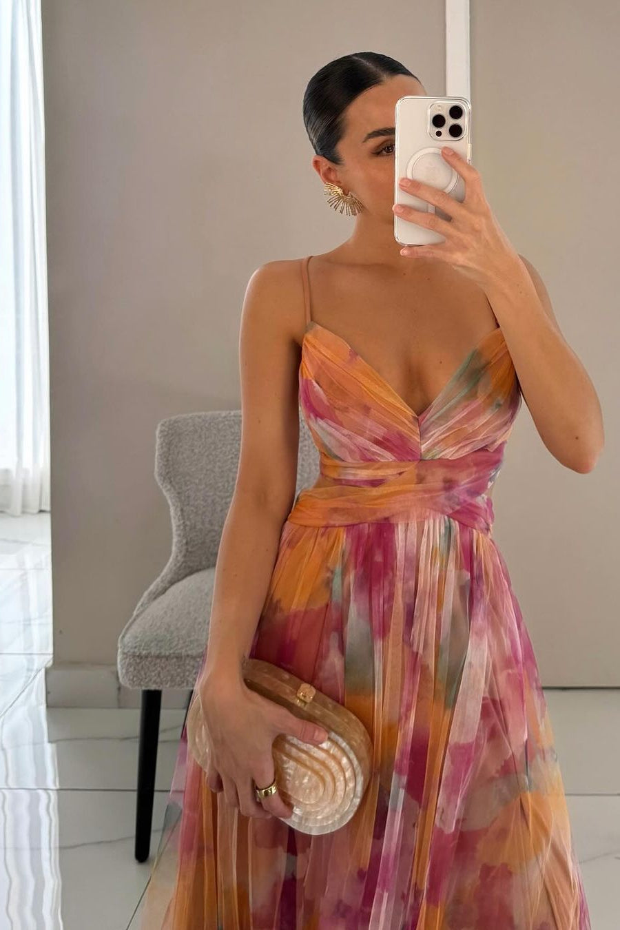 Ute | Elegantes Maxikleid mit Aquarell-Print
