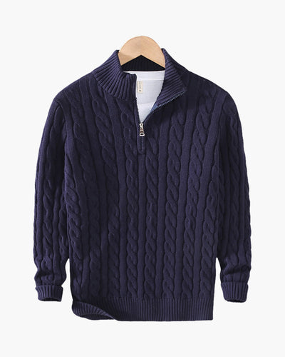 Carson |  Marineblau Zopfmuster-Pullover 3-teiliges Set mit hose & Wildleder-Loafer