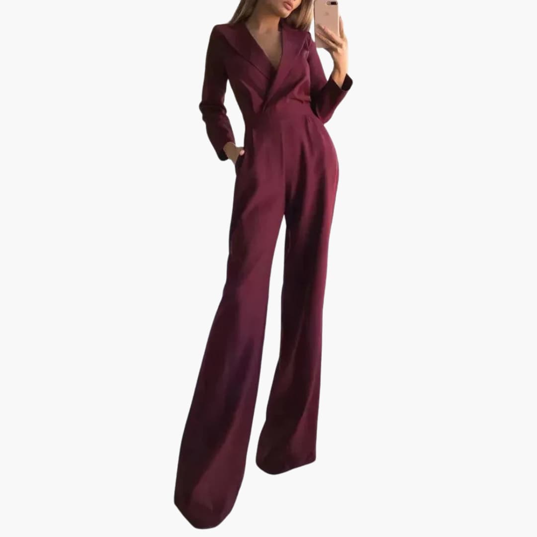 Damen-Jumpsuit mit langen Ärmeln, V-Ausschnitt und voller Länge