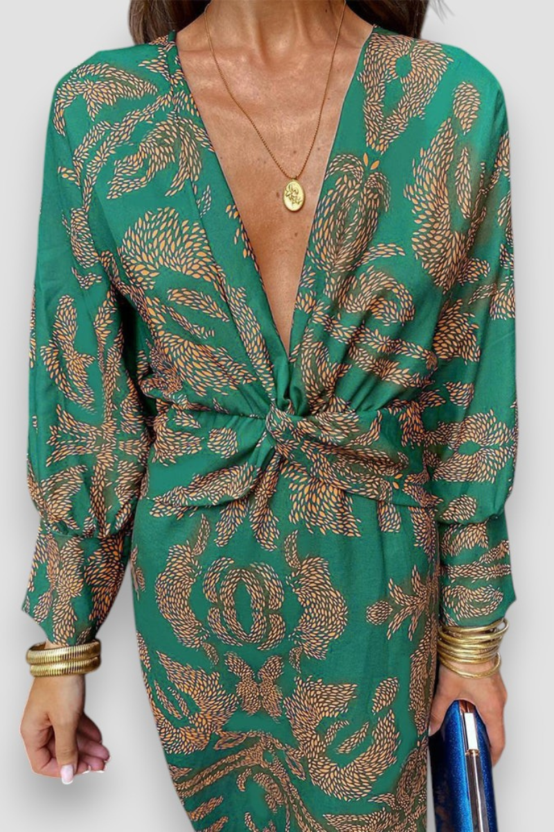 Elegantes Midikleid mit Twist-Detail und floralem Muster – Zeitlos und stilvoll