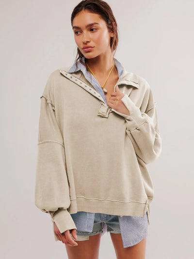 Kinsley® | Lässiges Sweatshirt mit Reverskragen, Knopfleiste und Puffärmeln