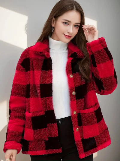 Damen Kuscheljacke Kariert | Knopfverschluss mit Kragen