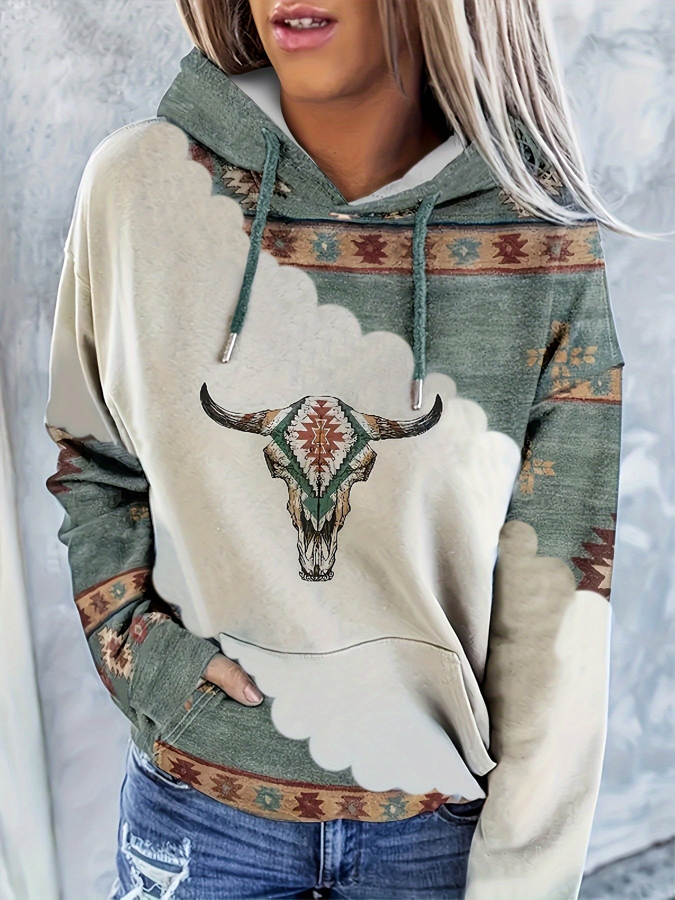 Cecilia® | Lässiger Kapuzenpullover mit geometrischem Azteken-Print und Kordelzug – ideal für Herbst/Winter