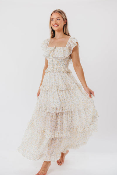 Astrid Maxikleid mit Rüschendetail in gelbem Blumenmuster – stoßfreundlich (geringer Lagerbestand)