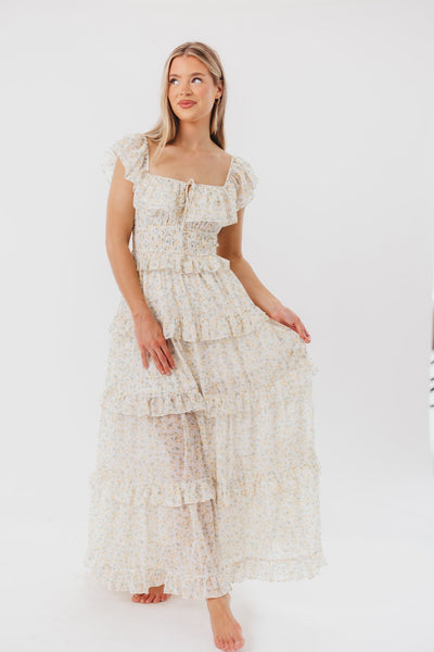 Astrid Maxikleid mit Rüschendetail in gelbem Blumenmuster – stoßfreundlich (geringer Lagerbestand)