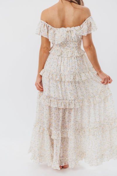 Astrid Maxikleid mit Rüschendetail in gelbem Blumenmuster – stoßfreundlich (geringer Lagerbestand)