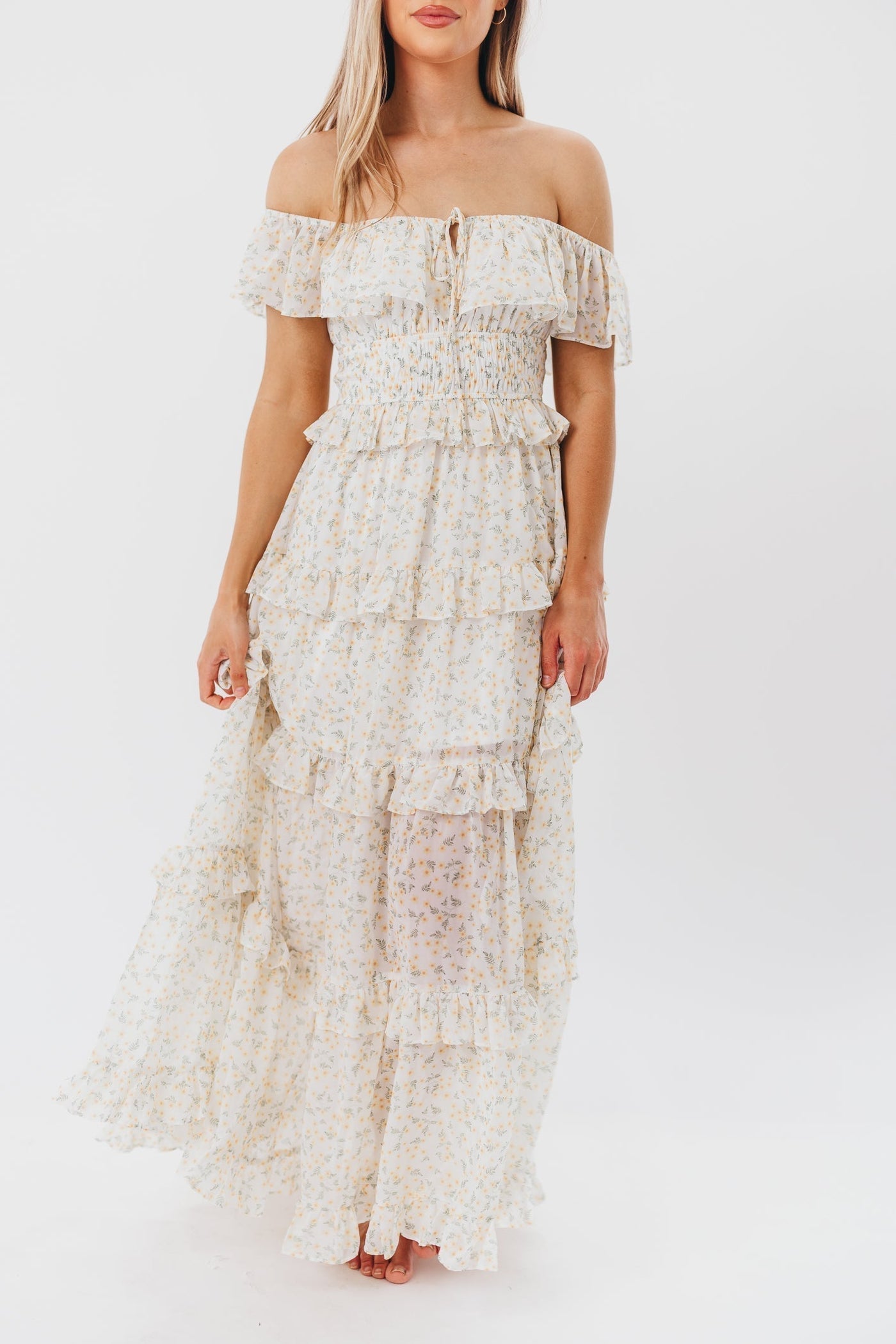 Astrid Maxikleid mit Rüschendetail in gelbem Blumenmuster – stoßfreundlich (geringer Lagerbestand)