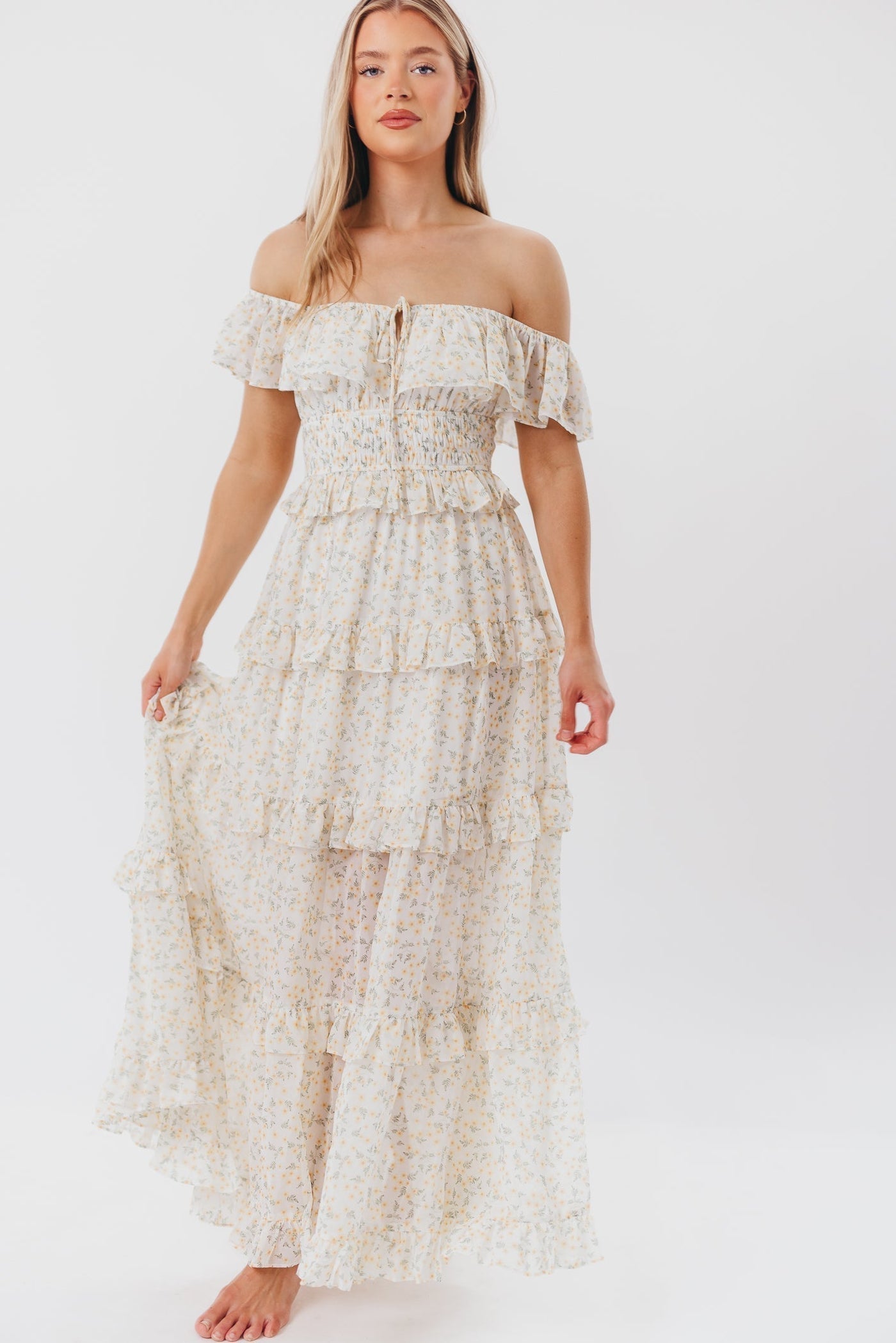 Astrid Maxikleid mit Rüschendetail in gelbem Blumenmuster – stoßfreundlich (geringer Lagerbestand)