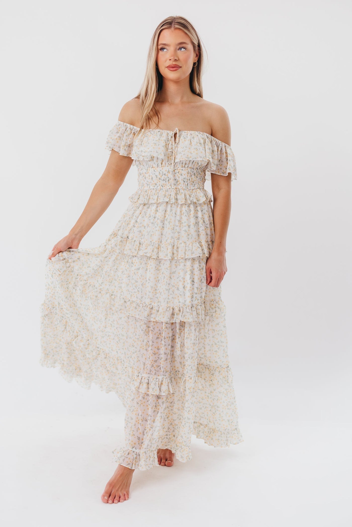 Astrid Maxikleid mit Rüschendetail in gelbem Blumenmuster – stoßfreundlich (geringer Lagerbestand)