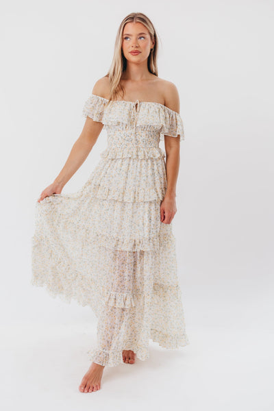 Astrid Maxikleid mit Rüschendetail in gelbem Blumenmuster – stoßfreundlich (geringer Lagerbestand)