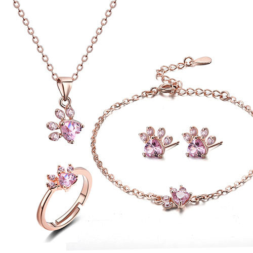 Elegantes TALINA 4-teiliges Roségold Schmuckset mit Pfote & Zirkonia-Herz - Perfektes Geschenk für Tierliebhaber
