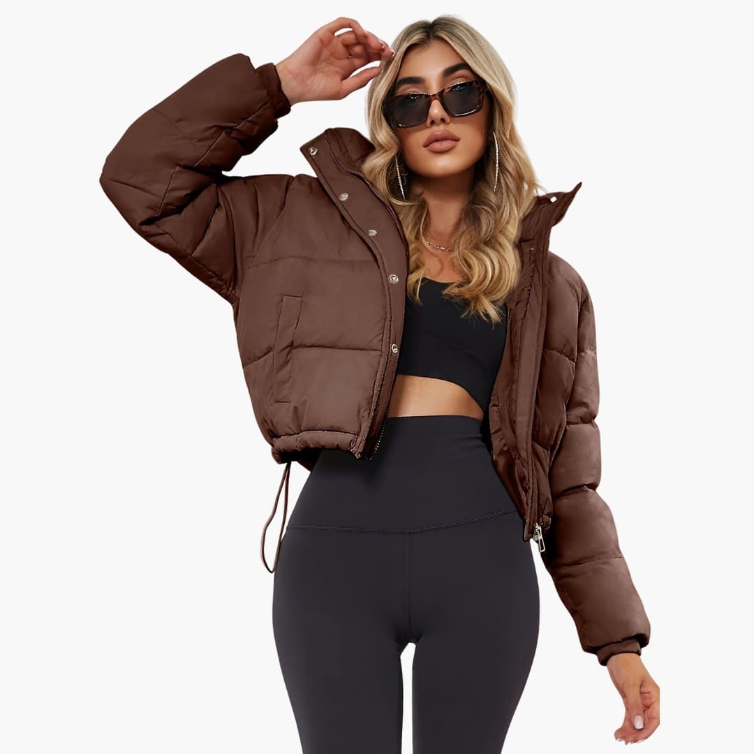 Damenkurze Jacke mit Kapuze und Reißverschluss