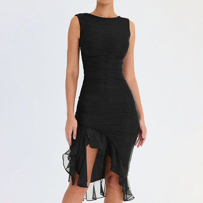 Nelia | Knielanges Kleid mit gerüschtem Schlitz