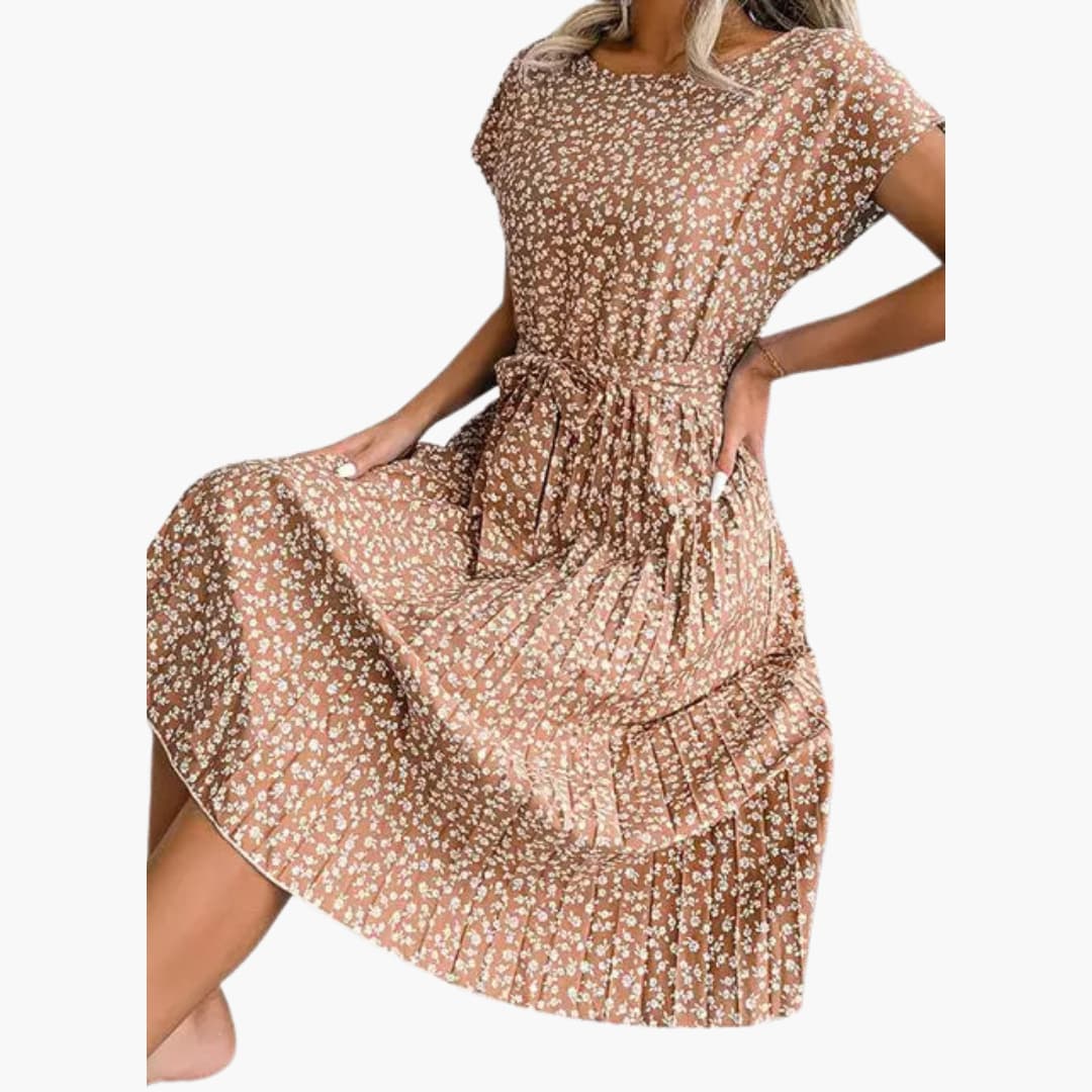 Sommerkleid Damen - Blumenkleid mit Gürtel und Kurzarm