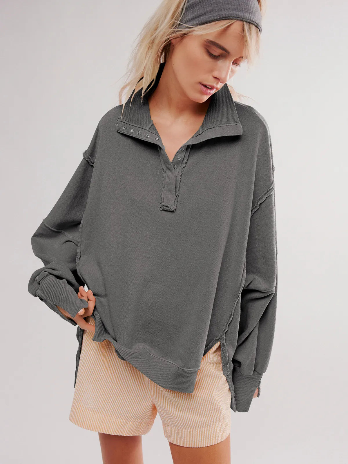 Kinsley® | Lässiges Sweatshirt mit Reverskragen, Knopfleiste und Puffärmeln