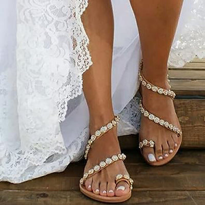 Damen Sandalen – Boho Stil – Mit Perlen & Spitze – Sommerdesign