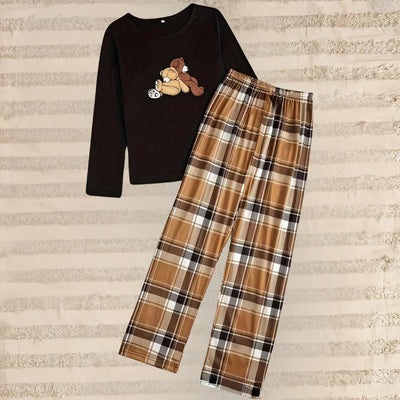 Inge - luxuriöses komfort-top mit rundhalsausschnitt und trendigem karo-hosen-set