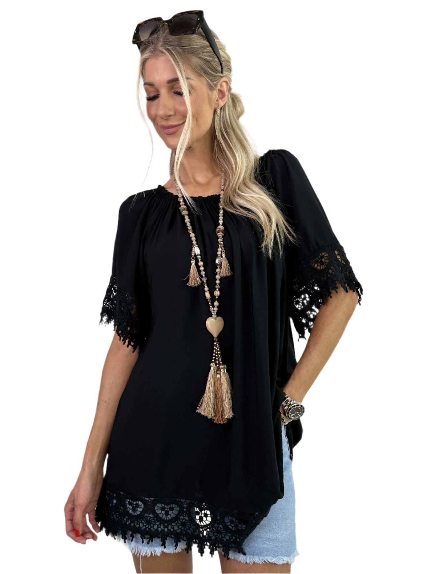 Terry - Feminines Tunika-Top mit Spitzenbesatz