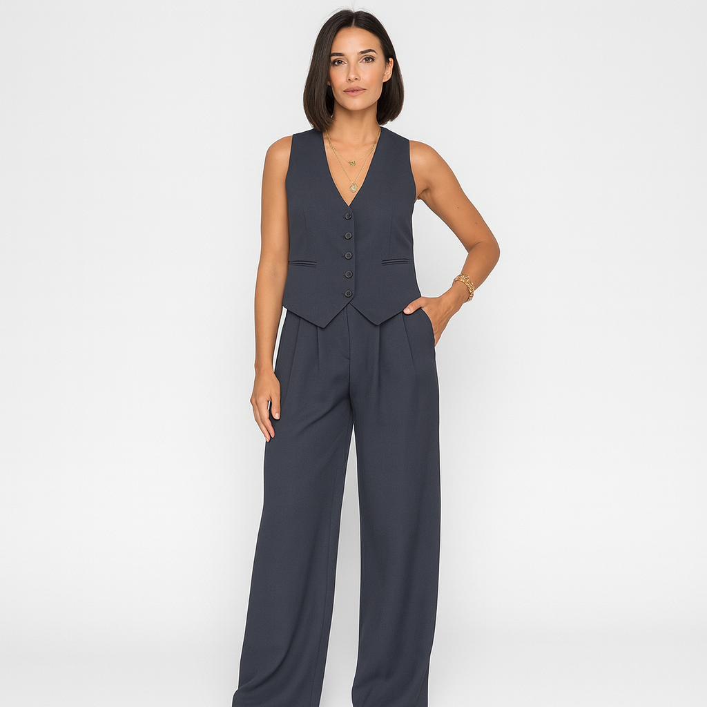 Elegantes 2-teiliges Set für Damen – Ärmelloses Top mit V-Ausschnitt und passende einfarbige Hose