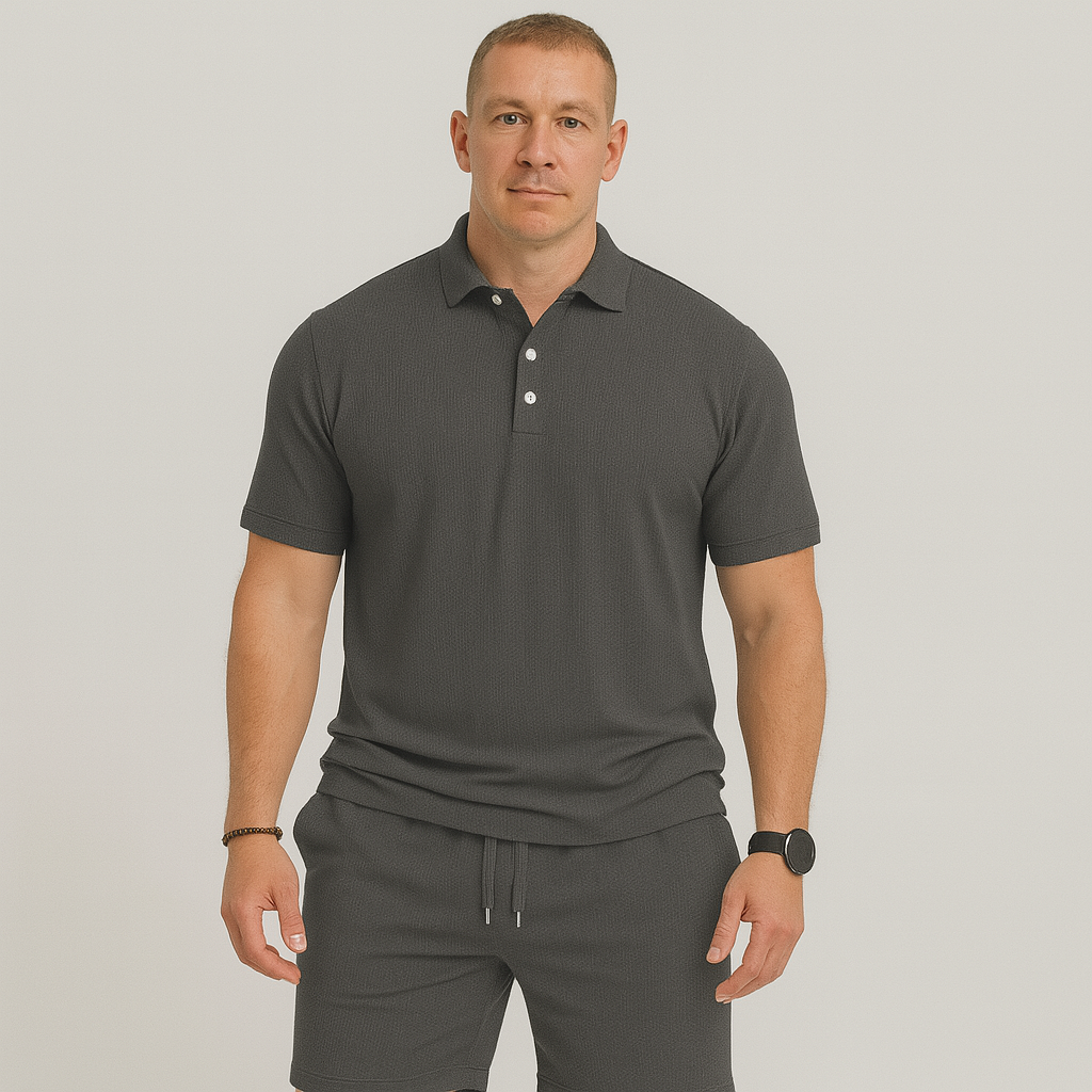 Herren Sommer Casual Set – Leichtes Oberteil mit Golfkragen und einfarbige Shorts mit Taschen