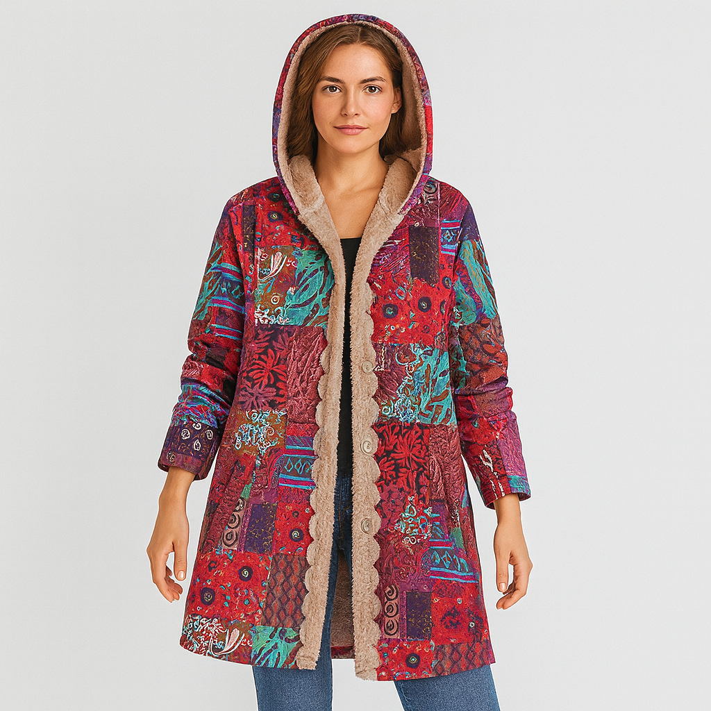 Selene | Bohemian Patchwork Wintermantel mit Kapuze