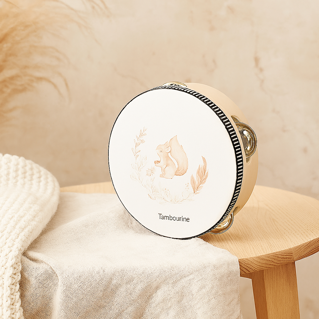 Cartoon-Holztrommel – Handglocke mit Eichhörnchen-Rassel und Griff