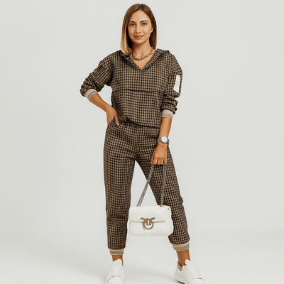 Schicker 2-teiliger Trainingsanzug für Damen – Kariertes Reißverschlussoberteil & schmal zulaufende Hose mit Seitenstreifen